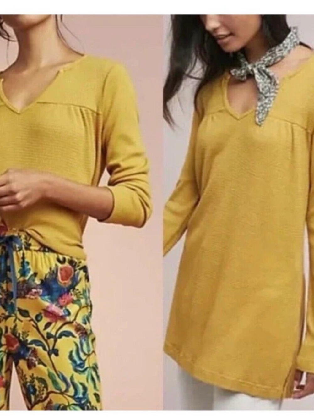 Anthropologie T.La Waffle weave v-neck tunic top - Size small (Mustard)